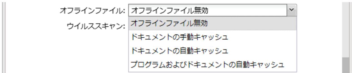 Screenshot of a Windows context menu for a folder. The 'Offline files' (オフラインファイル) and 'Virus scan' (ウイルススキャン) options are visible. The 'Offline files' dropdown is open, showing options: 'Offline files disabled' (オフラインファイル無効), 'Manual caching for documents' (ドキュメントの手動キャッシュ), 'Automatic caching for documents' (ドキュメントの自動キャッシュ), and 'Programs and documents automatic caching' (プログラムおよびドキュメントの自動キャッシュ).