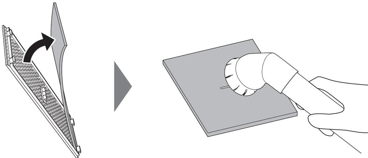 Diagram showing the removal of the dust filter from the front cover and cleaning it with a vacuum cleaner.
