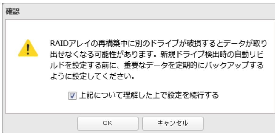 A confirmation dialog box titled '確認' (Confirmation). It contains a yellow warning triangle icon and the text: 'RAIDアレイの再構築中に別のドライブが破損するとデータが取り出せなくなる可能性があります。新規ドライブ検出時の自動リビルドを設定する前に、重要なデータを定期的にバックアップするように設定してください。' (It is possible that data may become inaccessible if another drive is damaged during RAID array reconstruction. Before setting automatic rebuild on new drive detection, please set to regularly backup important data.) Below the text is a checked checkbox with the label '上記について理解した上で設定を続行する' (Proceed with settings after understanding the above). At the bottom are two buttons: 'OK' and 'キャンセル' (Cancel).