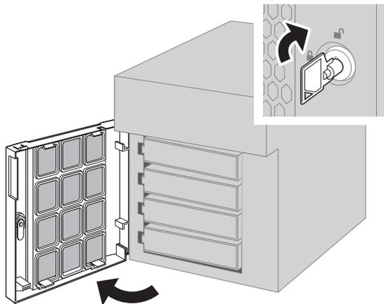 Diagram showing the front cover being opened with a key.