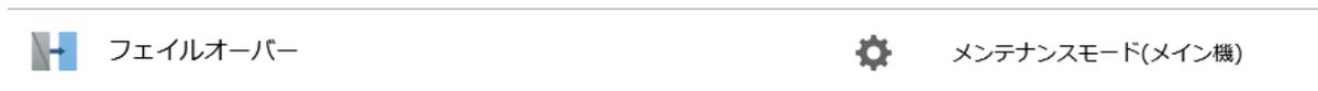 A horizontal menu bar. On the left, 'フェイルオーバー' (Failover) with a blue square icon. On the right, a gear icon followed by 'メンテナンスモード(メイン機)' (Maintenance mode (Main unit)).