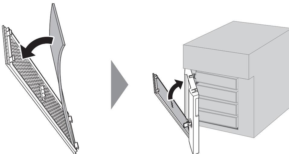 Diagram showing the reinsertion of the dust filter and the front cover.