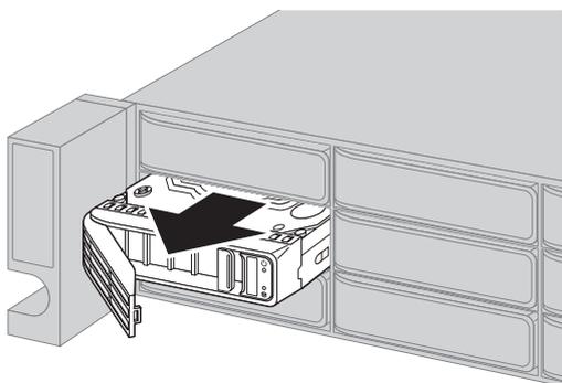Diagram showing a drive being pulled out from its bay. A large black arrow points to the handle on the front of the drive, indicating the direction to pull it out.