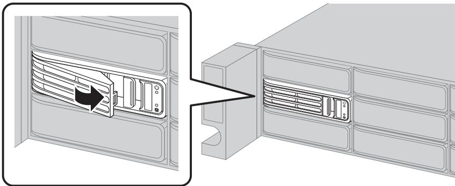 Diagram showing a drive being inserted into a RAID array slot. A close-up on the left shows a hand pushing the handle of a drive into a slot. An arrow points from this close-up to a larger view on the right showing the drive partially inserted into the array.
