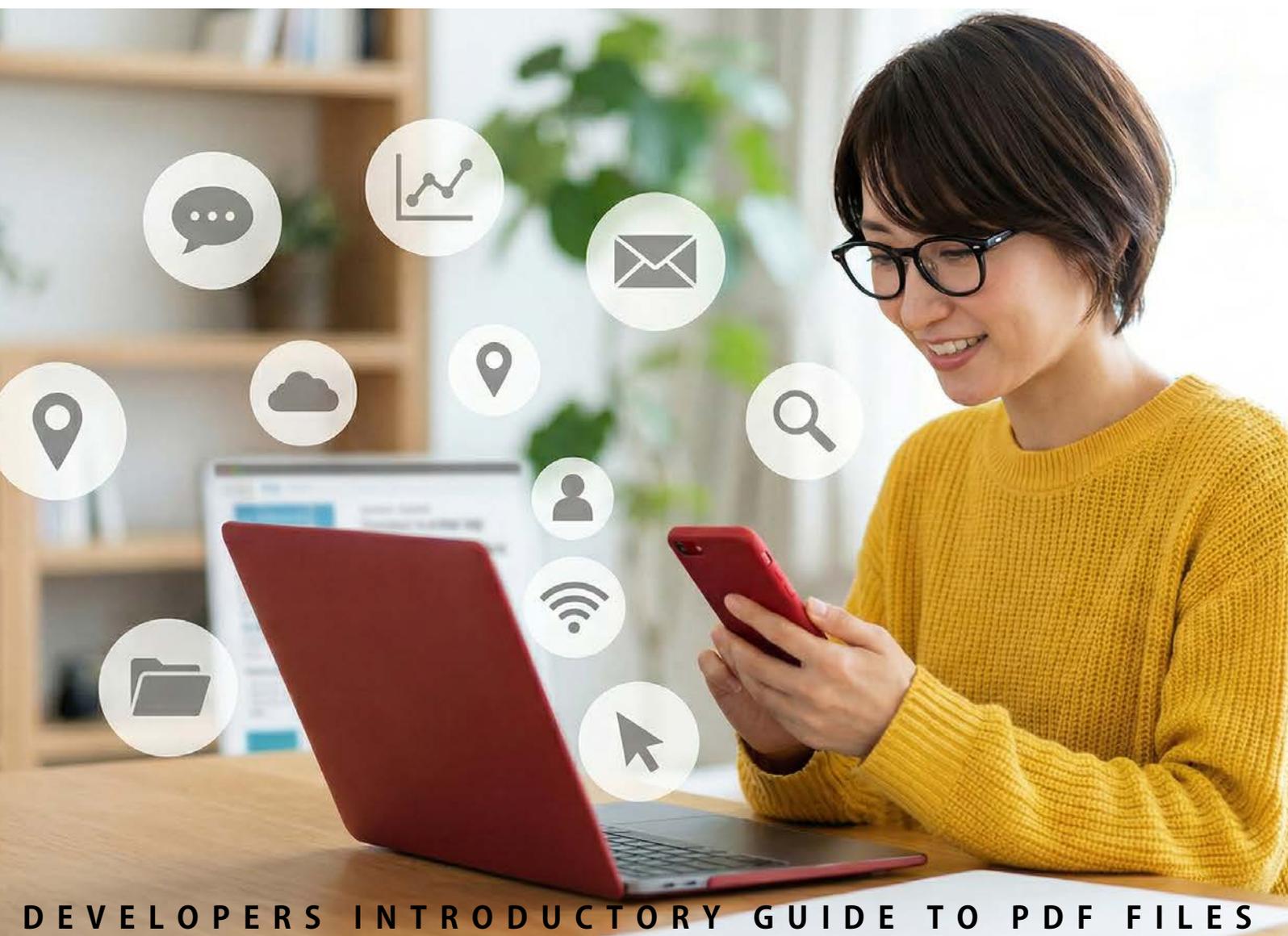 A woman with glasses looking at a smartphone while a laptop displays a PDF document, surrounded by icons representing various digital functions like cloud storage, location, and communication.