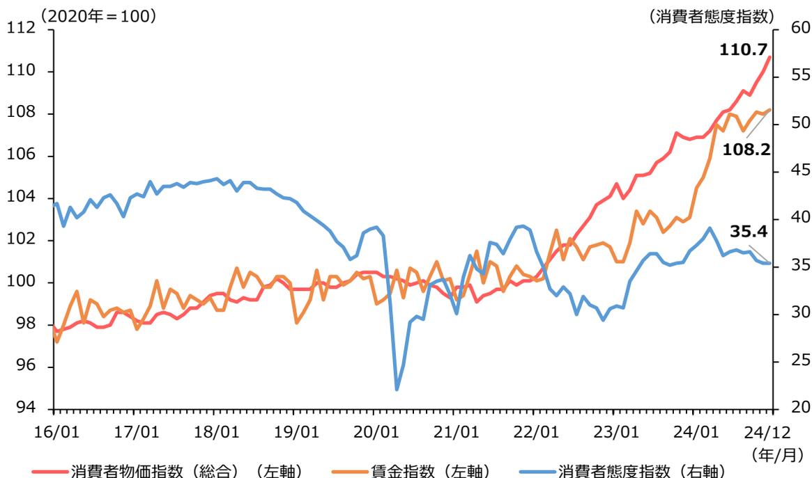 Line graph showing the trend of Consumer Price Index, Wage Index, and Consumer Attitude Index from 2016 to 2024. The graph has two y-axes: the left axis for the Consumer Price Index and Wage Index (2020=100) and the right axis for the Consumer Attitude Index. The x-axis shows dates from 16/01 to 24/12. The Consumer Price Index (red line) and Wage Index (orange line) both show an upward trend, with the Consumer Price Index reaching 110.7 and the Wage Index reaching 108.2 by 2024/12. The Consumer Attitude Index (blue line) shows a downward trend, ending at 35.4 in 2024/12.