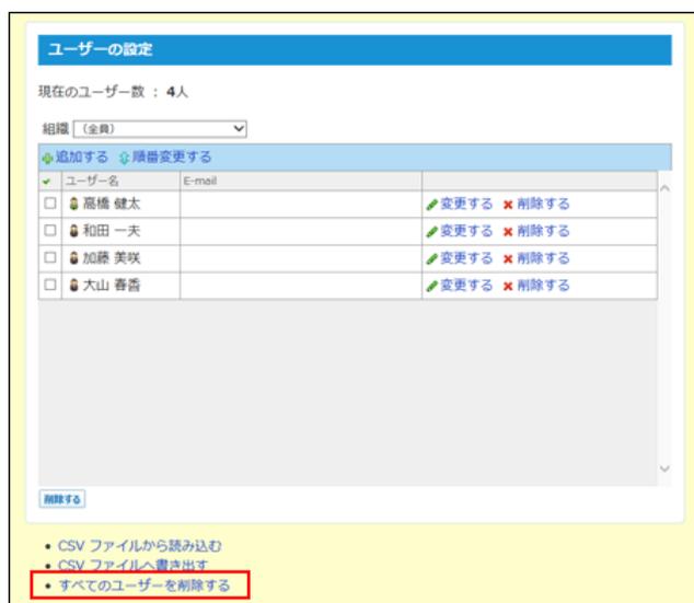 Screenshot of the 'User Settings' (ユーザーの設定) screen. It shows a list of four users: 高橋 健太, 和田 一夫, 加藤 美咲, and 大山 香苗. Each user has a 'Change' (変更する) and 'Delete' (削除する) link. Below the list, there are buttons for 'Read from CSV file' (CSV ファイルから読み込む), 'Write to CSV file' (CSV ファイルへ書き出す), and 'Delete all users' (すべてのユーザーを削除する). The 'Delete all users' button is highlighted with a red rectangle.